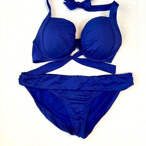 Kenneth Cole Reaction Womens Bikini Blue Padded Halter Top Size 36D & XL Bottom